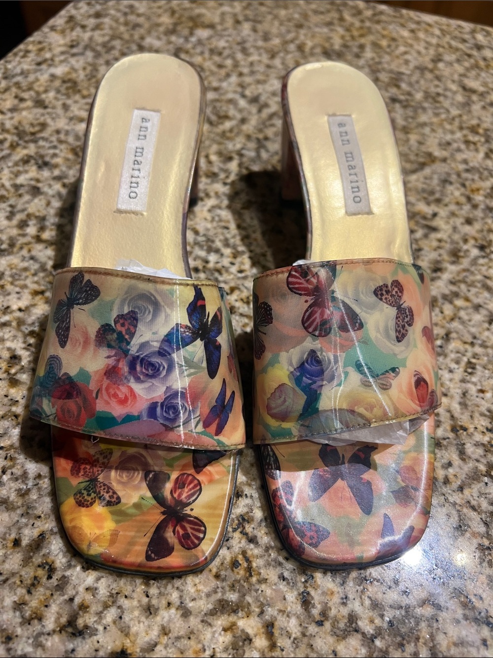 Ann Marino Multicolor Butterfly & Rose Slide Mules